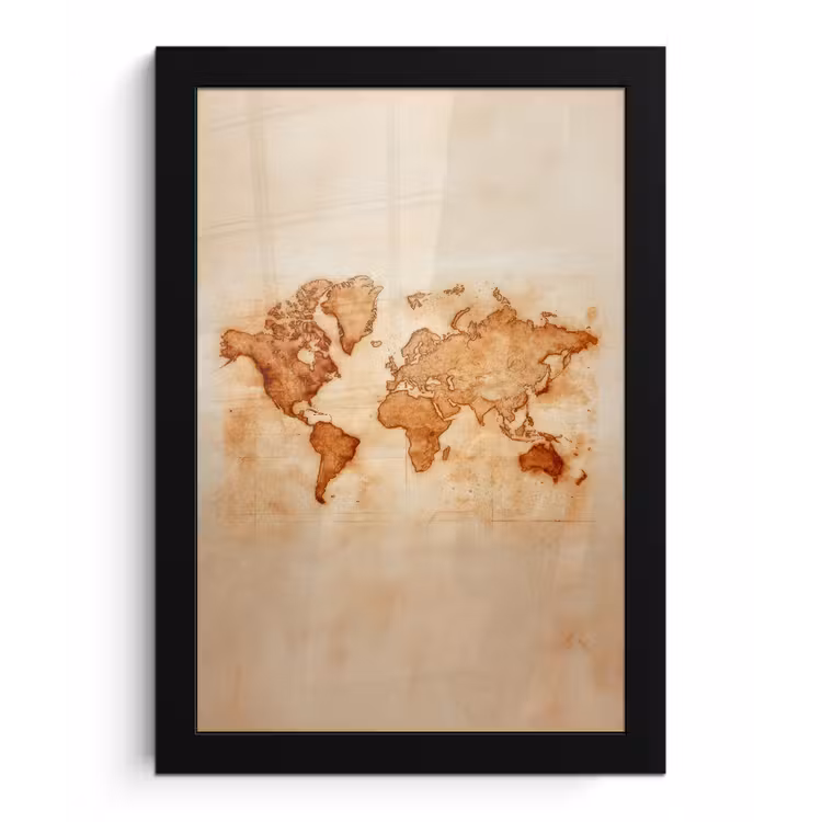 Wereldkaart - Roestbruine inkt fotolijst zwart zonder passe partout klein -3d