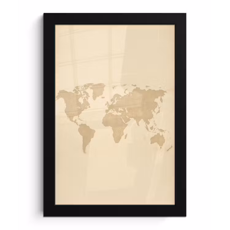 Wereldkaart - Zandkleurig - Minimalistisch fotolijst zwart zonder passe partout klein -3d