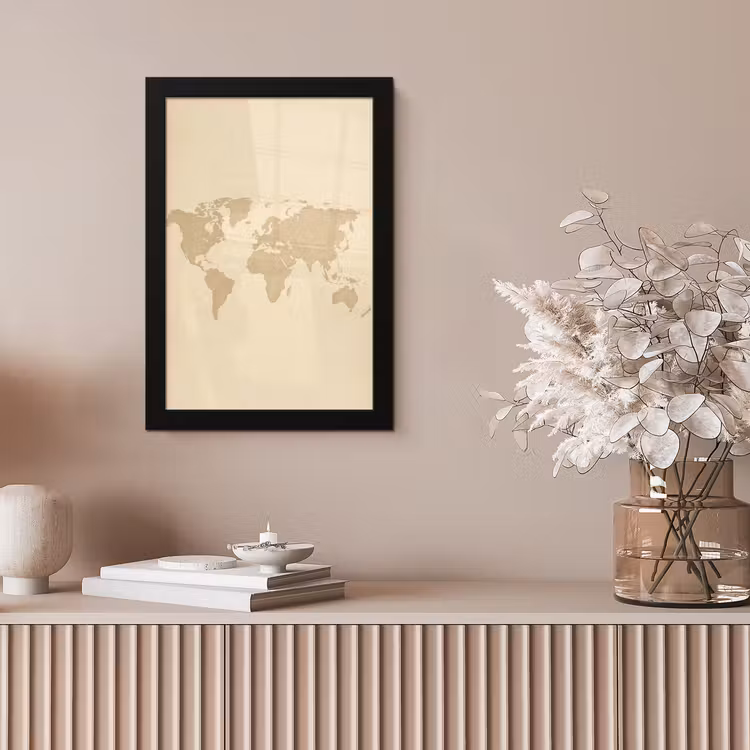 Wereldkaart - Zandkleurig - Minimalistisch fotolijst zwart zonder passe partout klein -sfeer5