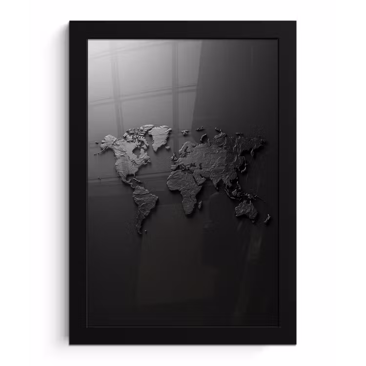 Wereldkaart - Zwart - Grijs fotolijst zwart zonder passe partout klein -3d