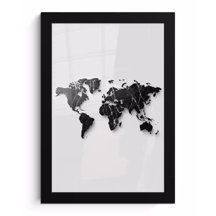 Wereldkaart - Zwart - Marmer - Elegant fotolijst zwart zonder passe partout klein -3d