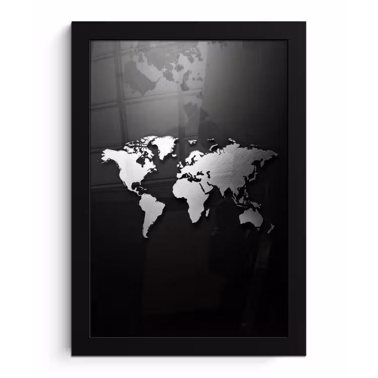 Wereldkaart - Zwart - Zilver - Metaal fotolijst zwart zonder passe partout klein -3d