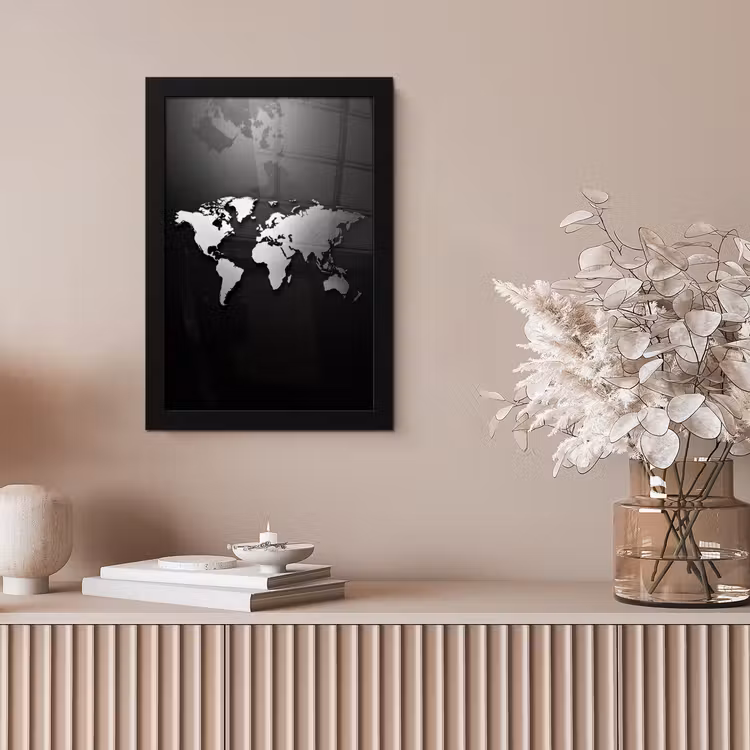 Wereldkaart - Zwart - Zilver - Metaal fotolijst zwart zonder passe partout klein -sfeer5