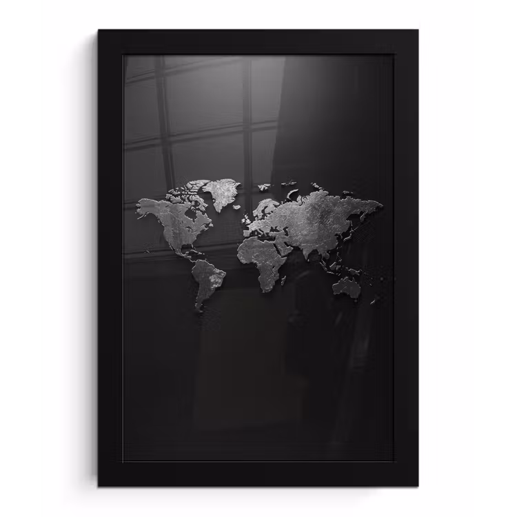 Wereldkaart - Zwart - Structuur fotolijst zwart zonder passe partout klein -3d