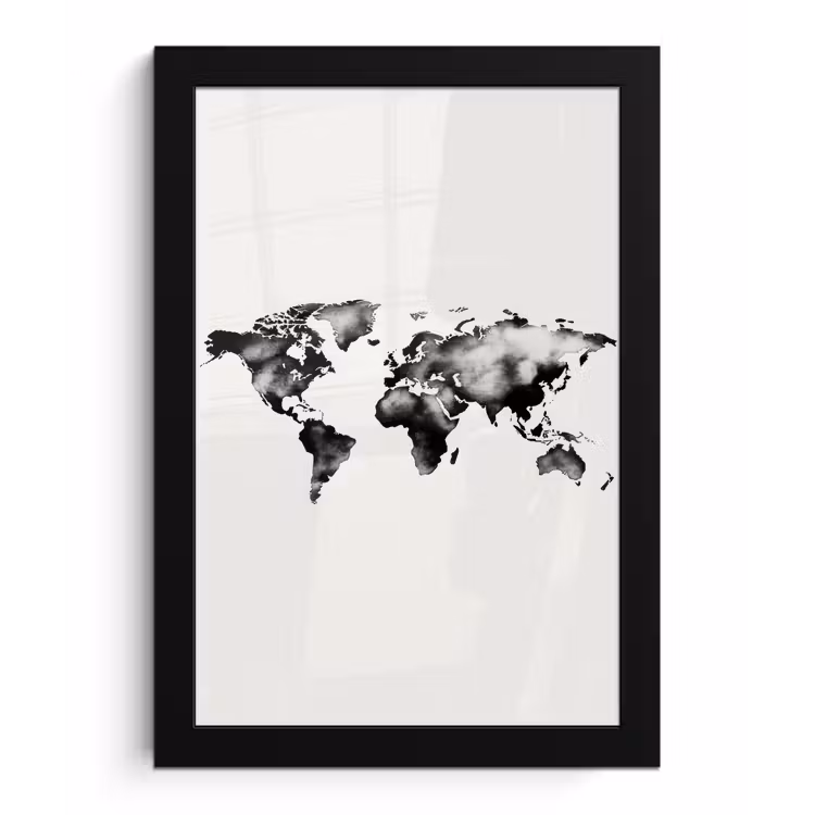 Wereldkaart - Zwart - Inktwassing fotolijst zwart zonder passe partout klein -3d