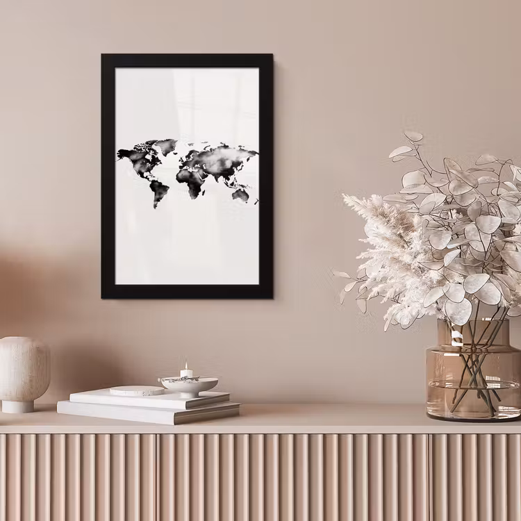 Wereldkaart - Zwart - Inktwassing fotolijst zwart zonder passe partout klein -sfeer5