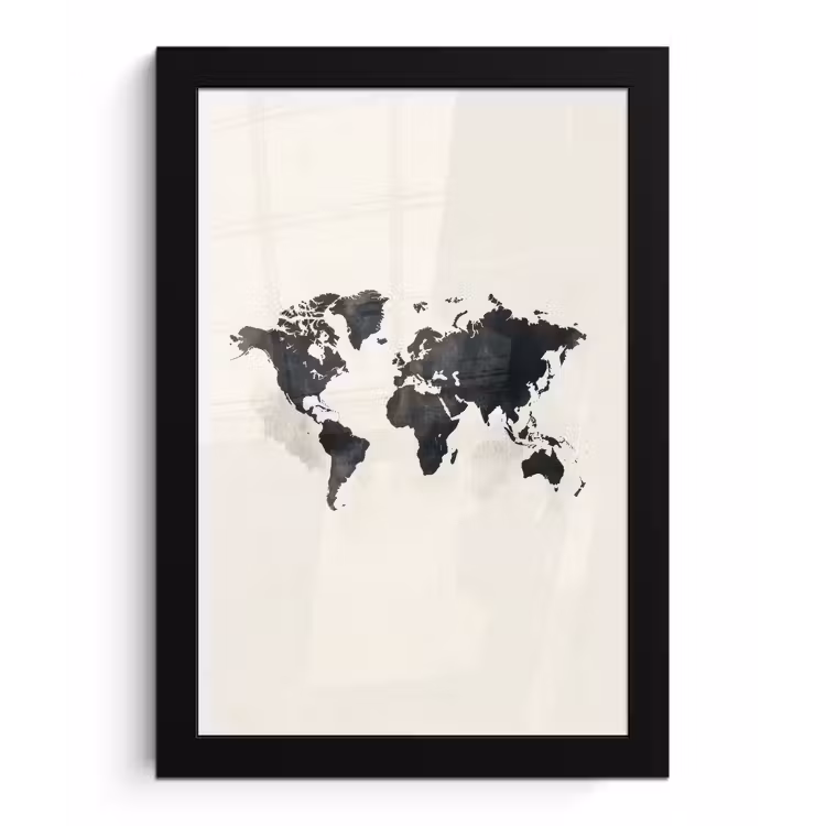 Wereldkaart - Zwart - Wit - Verf fotolijst zwart zonder passe partout klein -3d