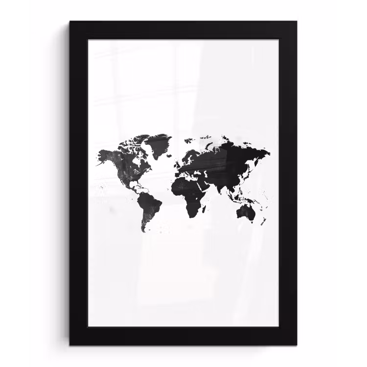 Wereldkaart - Zwart - Wit - Strak fotolijst zwart zonder passe partout klein -3d