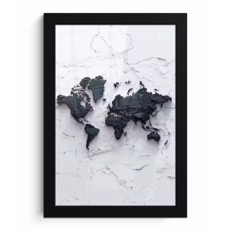 Wereldkaart - Zwarte- Steen fotolijst zwart zonder passe partout klein -3d