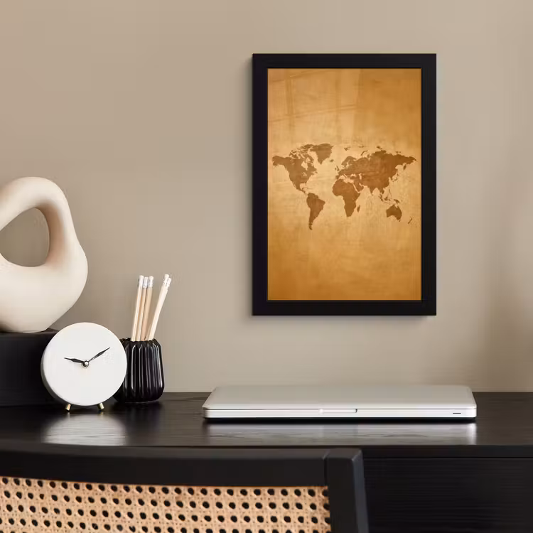 Wereldkaart - sepia silhouet fotolijst zwart zonder passe partout klein -sfeer1
