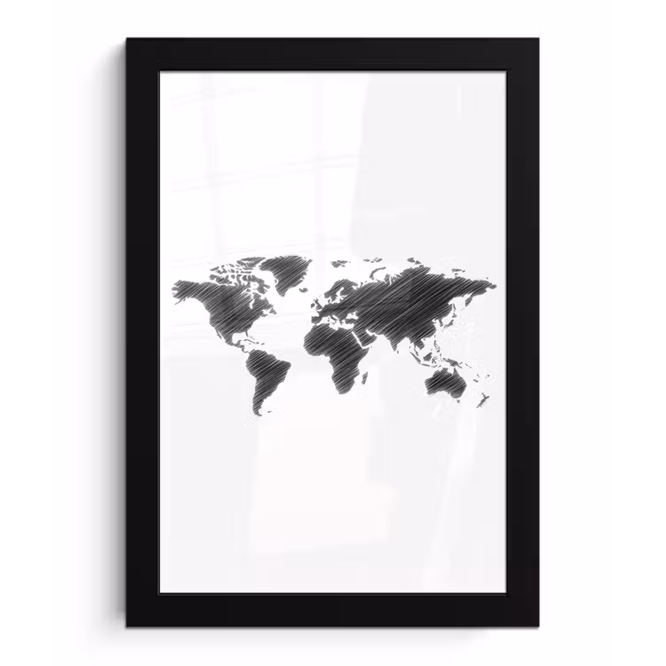 Wereldkaart - Schets - Zwart - Wit fotolijst zwart zonder passe partout klein -3d