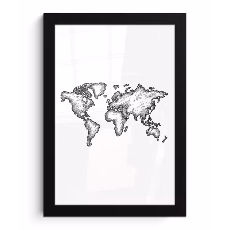 Wereldkaart - Schets - Wit - Zwart fotolijst zwart zonder passe partout klein -3d