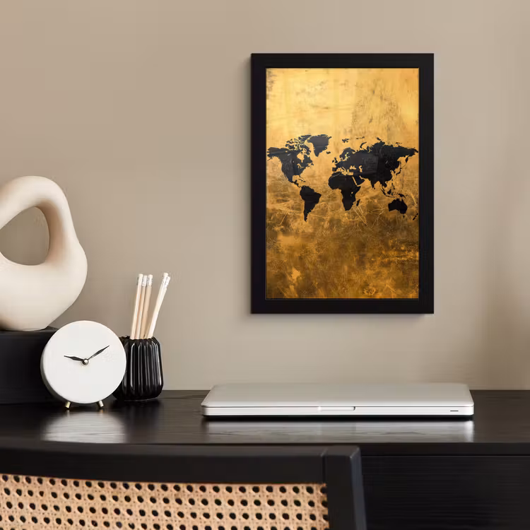 Wereldkaart - Vlekdetails - Goud fotolijst zwart zonder passe partout klein -sfeer1