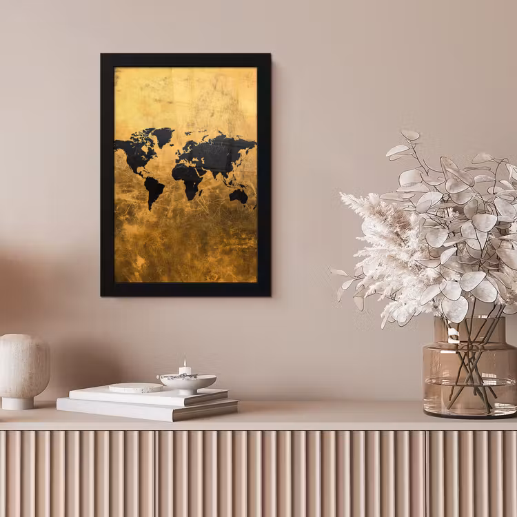 Wereldkaart - Vlekdetails - Goud fotolijst zwart zonder passe partout klein -sfeer5