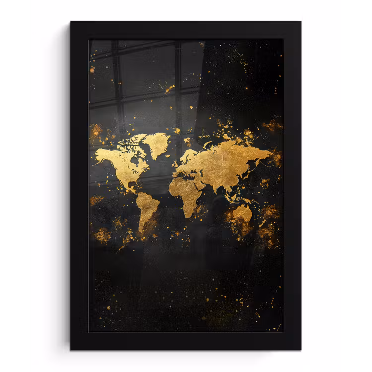 Wereldkaart - Spetters - Zwart - Artistiek fotolijst zwart zonder passe partout klein -3d