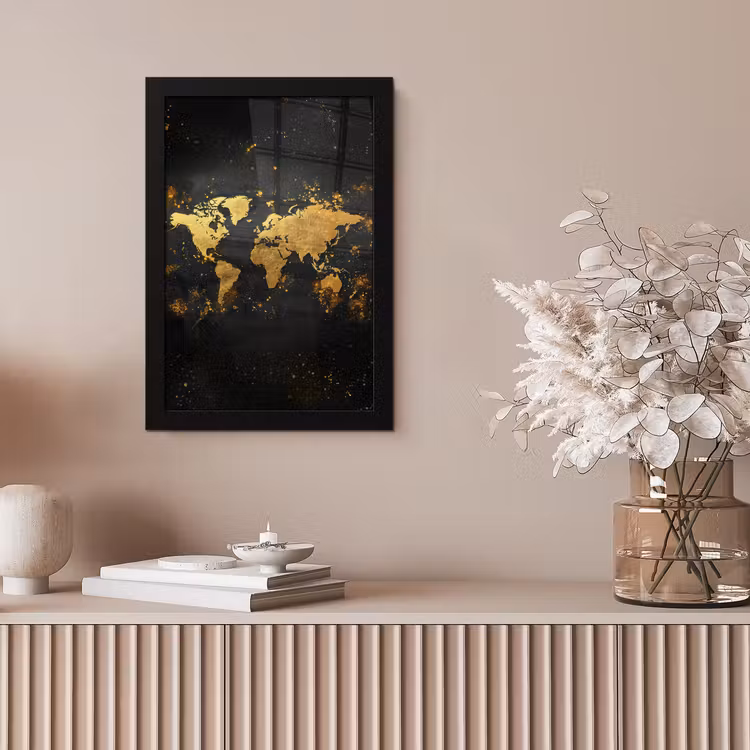 Wereldkaart - Spetters - Zwart - Artistiek fotolijst zwart zonder passe partout klein -sfeer5