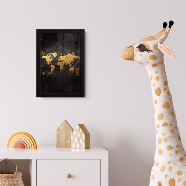 Wereldkaart - Spetters - Zwart - Artistiek fotolijst zwart zonder passe partout klein -usfeer4_kinderkamer