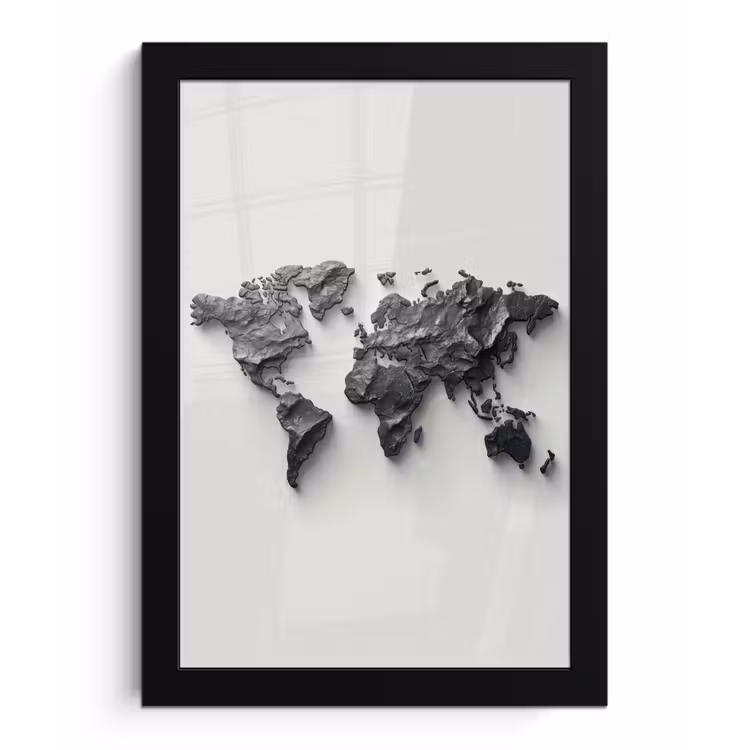 Wereldkaart - Steen - 3D fotolijst zwart zonder passe partout klein -3d