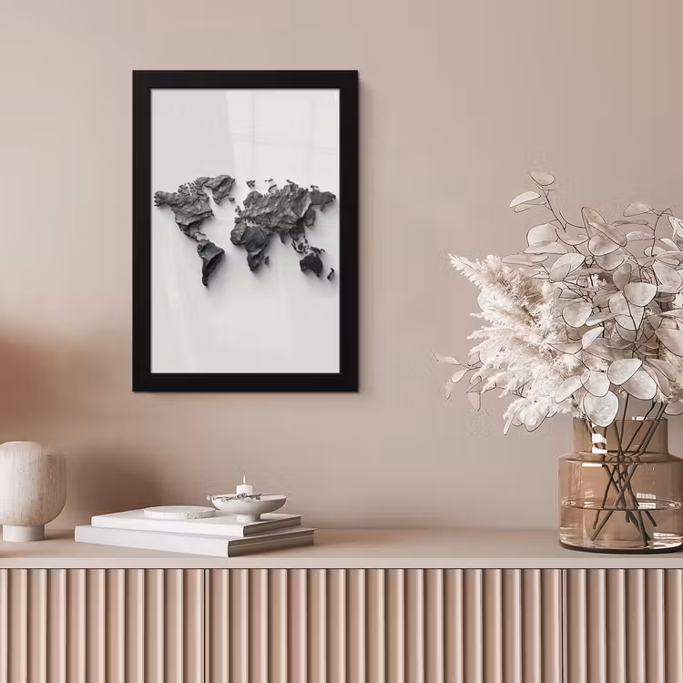 Wereldkaart - Steen - 3D fotolijst zwart zonder passe partout klein -sfeer5