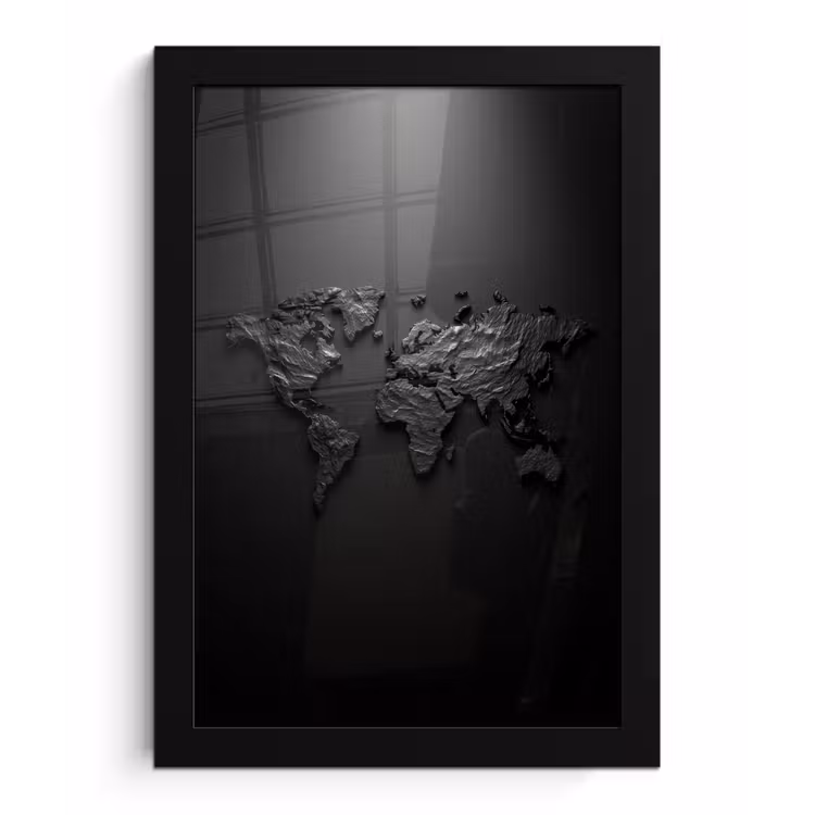 Wereldkaart - Steen - Zwart fotolijst zwart zonder passe partout klein -3d