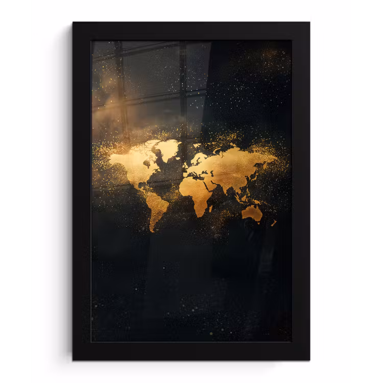 Wereldkaart - Sterrenbeelden - Gouden stippen fotolijst zwart zonder passe partout klein -3d