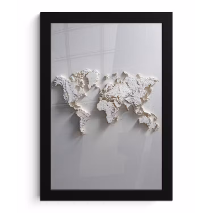 Wereldkaart - Subtiel reliëf - Wit fotolijst zwart zonder passe partout klein -3d