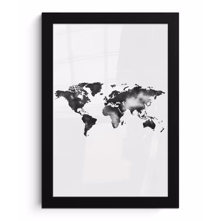 Wereldkaart - Inkt - Zwart fotolijst zwart zonder passe partout klein -3d