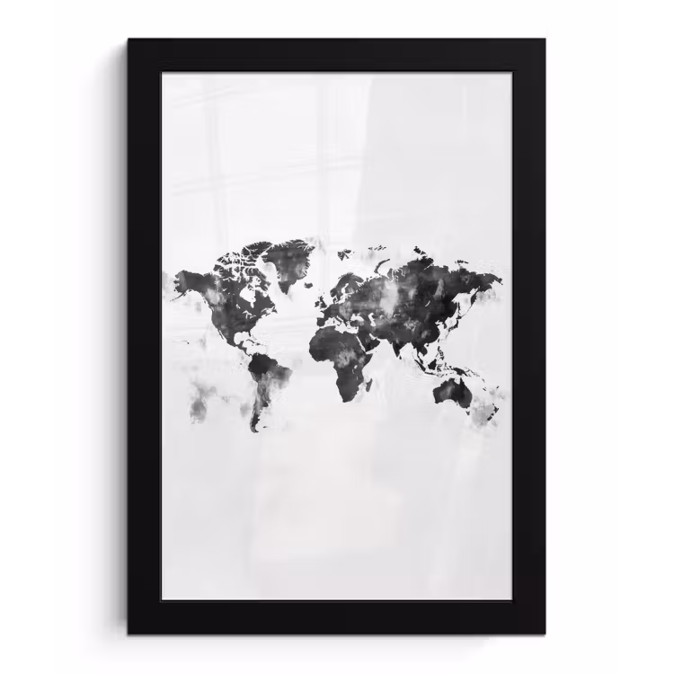 Wereldkaart - Inkt - Zwart fotolijst zwart zonder passe partout klein -3d