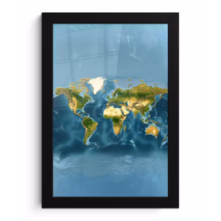 Wereldkaart - Topografisch reliëf fotolijst zwart zonder passe partout klein -3d