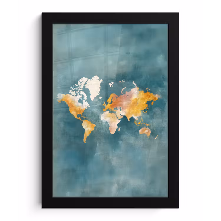 Wereldkaart - Verweerd - Blauw fotolijst zwart zonder passe partout klein -3d
