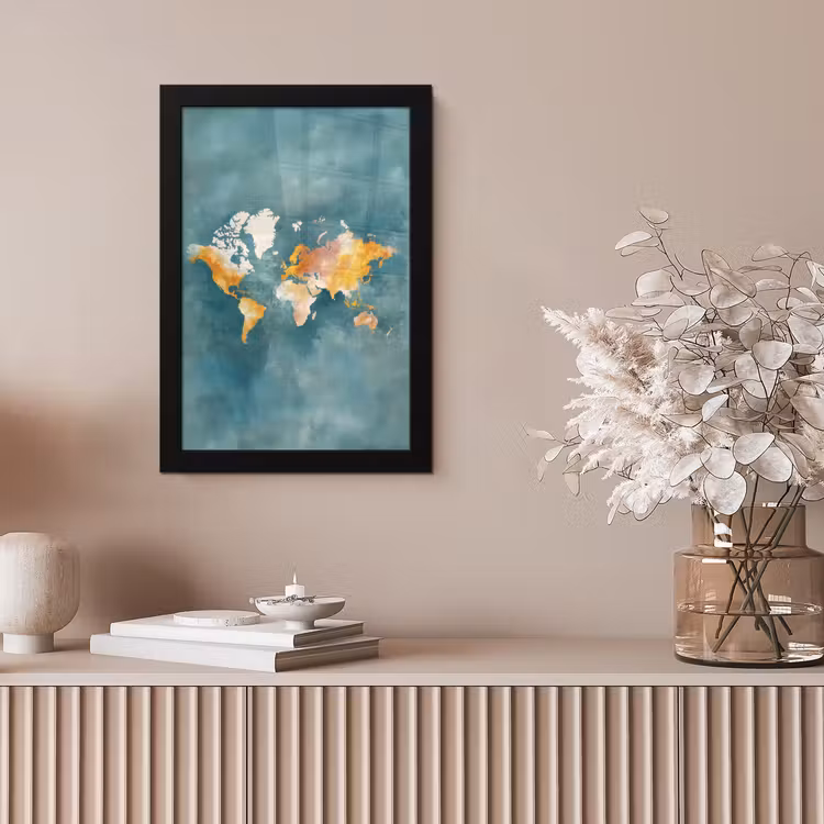 Wereldkaart - Verweerd - Blauw fotolijst zwart zonder passe partout klein -sfeer5