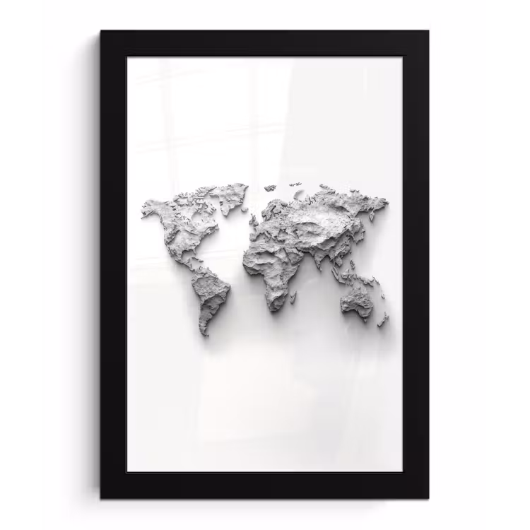 Wereldkaart - Wit - Betonstructuur fotolijst zwart zonder passe partout klein -3d
