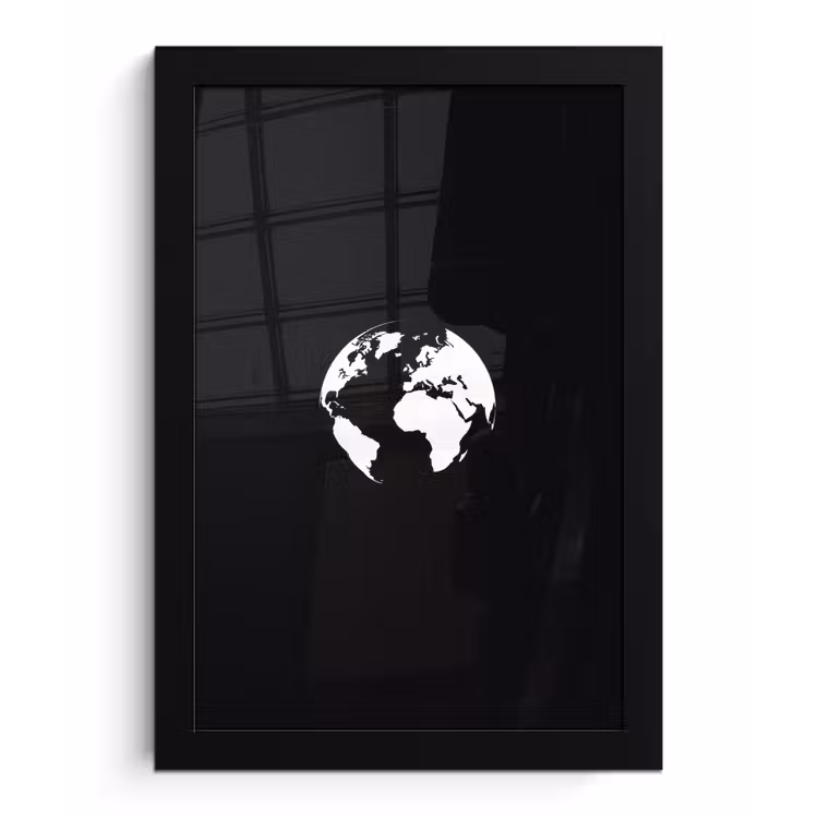 Wereldkaart - Wit - Zwart - Wereldbol fotolijst zwart zonder passe partout klein -3d