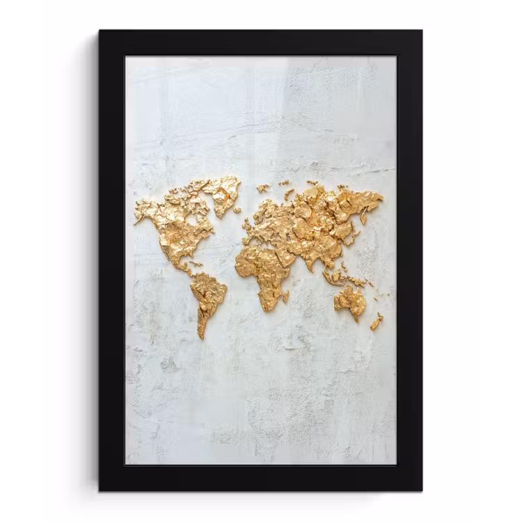 Wereldkaart - Wit beton - Bladgoud fotolijst zwart zonder passe partout klein -3d