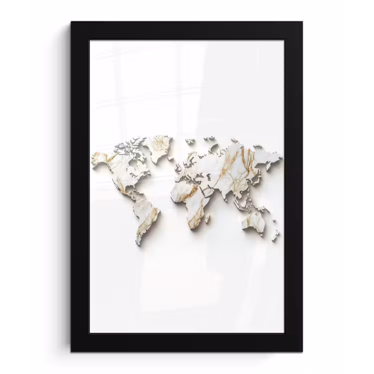 Wereldkaart - Wit Marmer - Luxueus fotolijst zwart zonder passe partout klein -3d