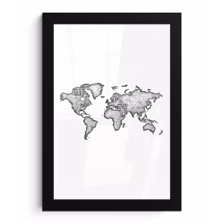 Wereldkaart - Tekening - Zwart - Wit fotolijst zwart zonder passe partout klein -3d