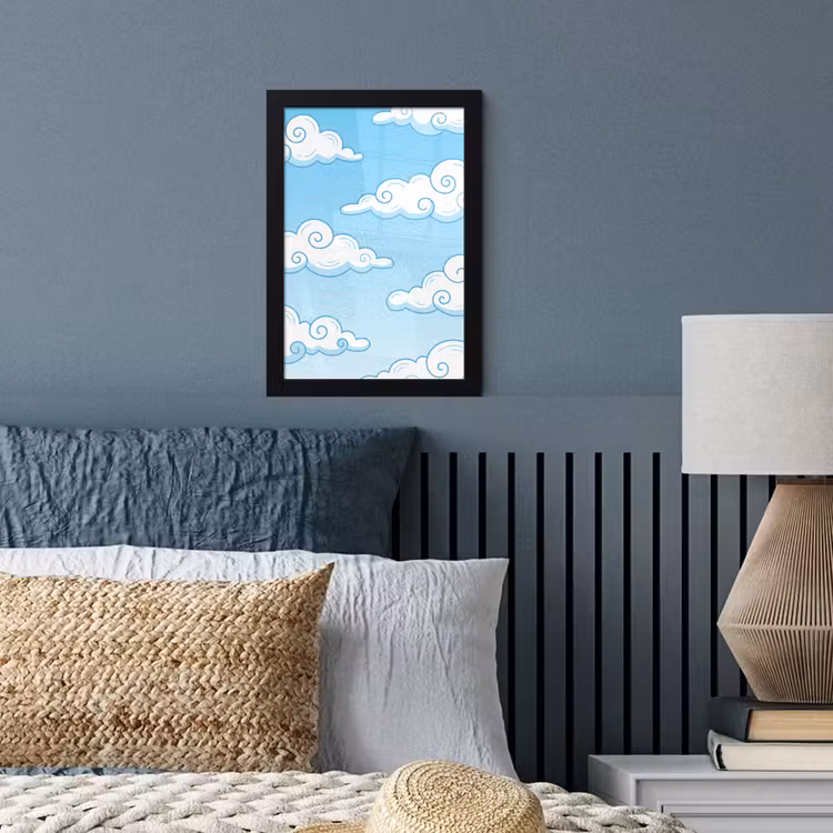 Wolk - Lucht - Cartoon - Blauw - Wit fotolijst zwart zonder passe partout klein -sfeer3