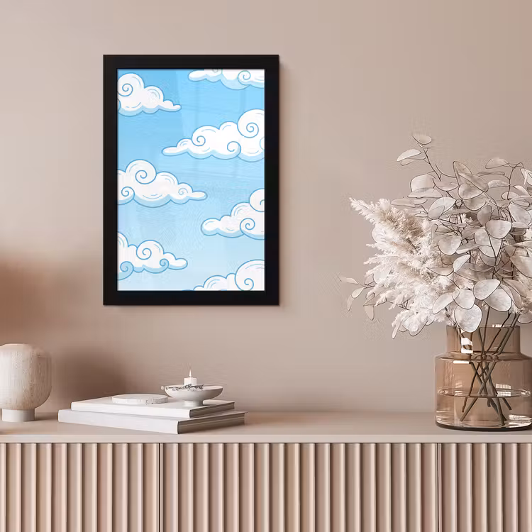 Wolk - Lucht - Cartoon - Blauw - Wit fotolijst zwart zonder passe partout klein -sfeer5