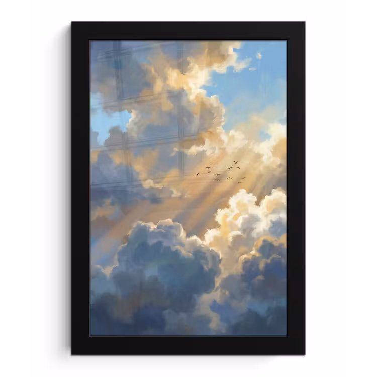 Wolken - Zonnestralen - Natuur - Abstract - Blauw fotolijst zwart zonder passe partout klein -3d