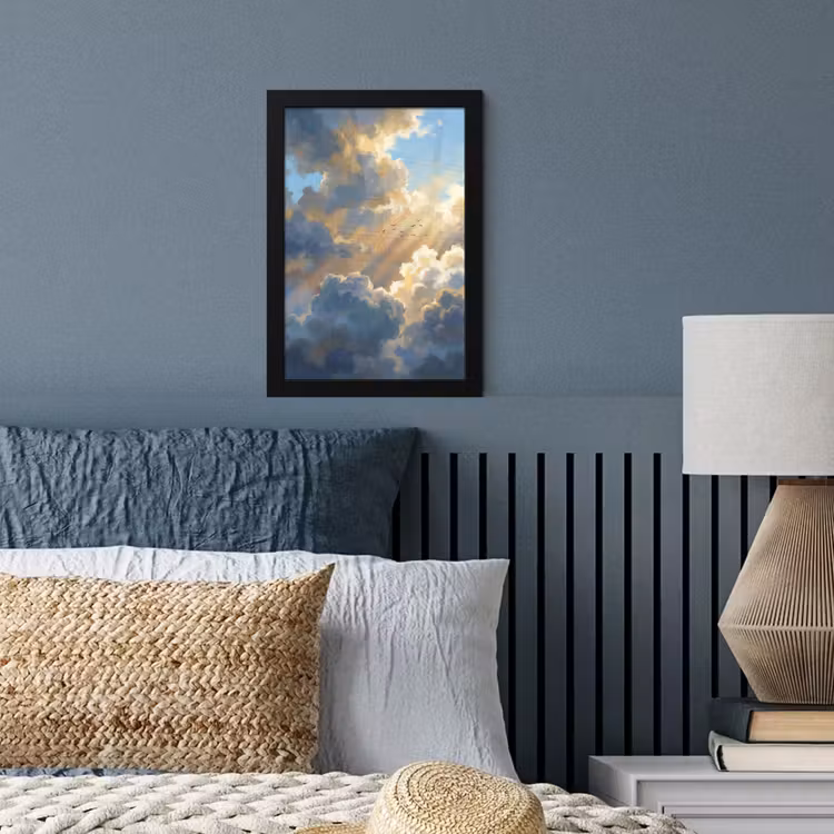 Wolken - Zonnestralen - Natuur - Abstract - Blauw fotolijst zwart zonder passe partout klein -sfeer3