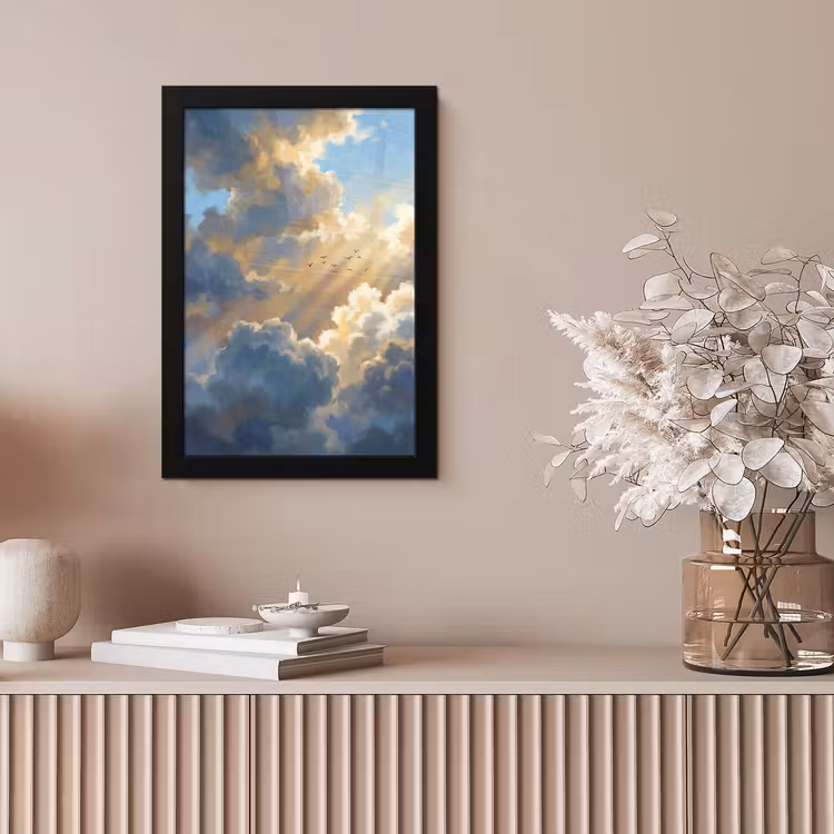 Wolken - Zonnestralen - Natuur - Abstract - Blauw fotolijst zwart zonder passe partout klein -sfeer5