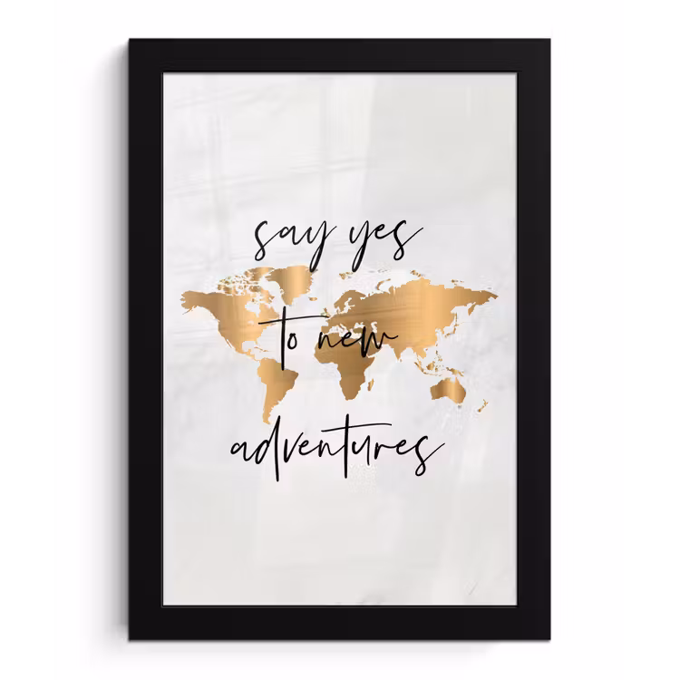 Quote - Goud - Glanzend - Wereldkaart fotolijst zwart zonder passe partout klein -3d