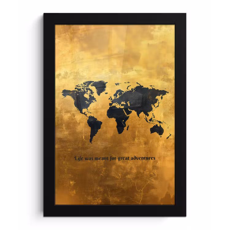 Quote - Goud - Wereldkaart - Zwart fotolijst zwart zonder passe partout klein -3d