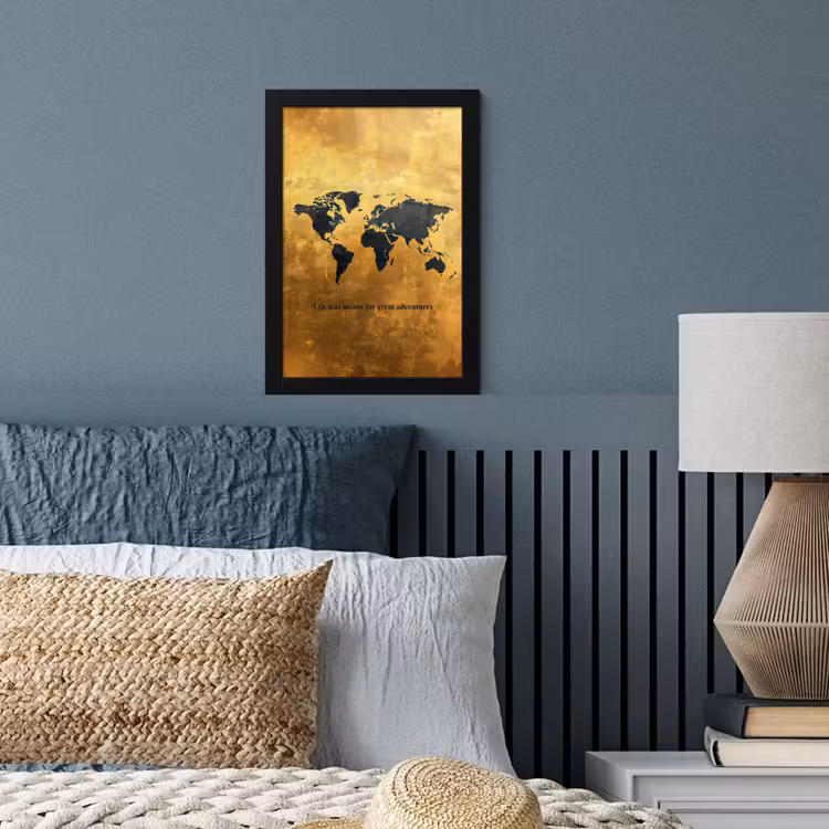 Quote - Goud - Wereldkaart - Zwart fotolijst zwart zonder passe partout klein -sfeer3