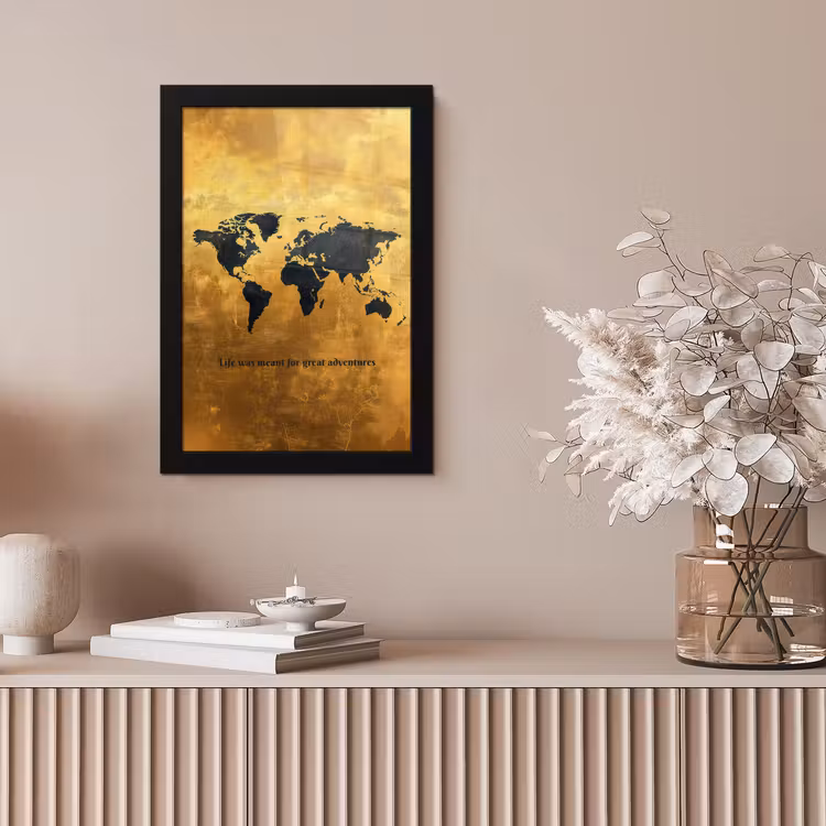 Quote - Goud - Wereldkaart - Zwart fotolijst zwart zonder passe partout klein -sfeer5
