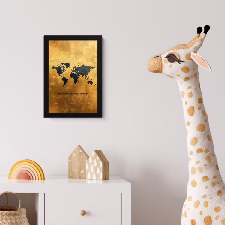 Quote - Goud - Wereldkaart - Zwart fotolijst zwart zonder passe partout klein -usfeer4_kinderkamer