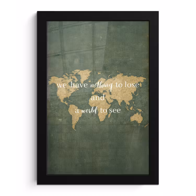 Quote - Vintage - Wereldkaart - Oud fotolijst zwart zonder passe partout klein -3d