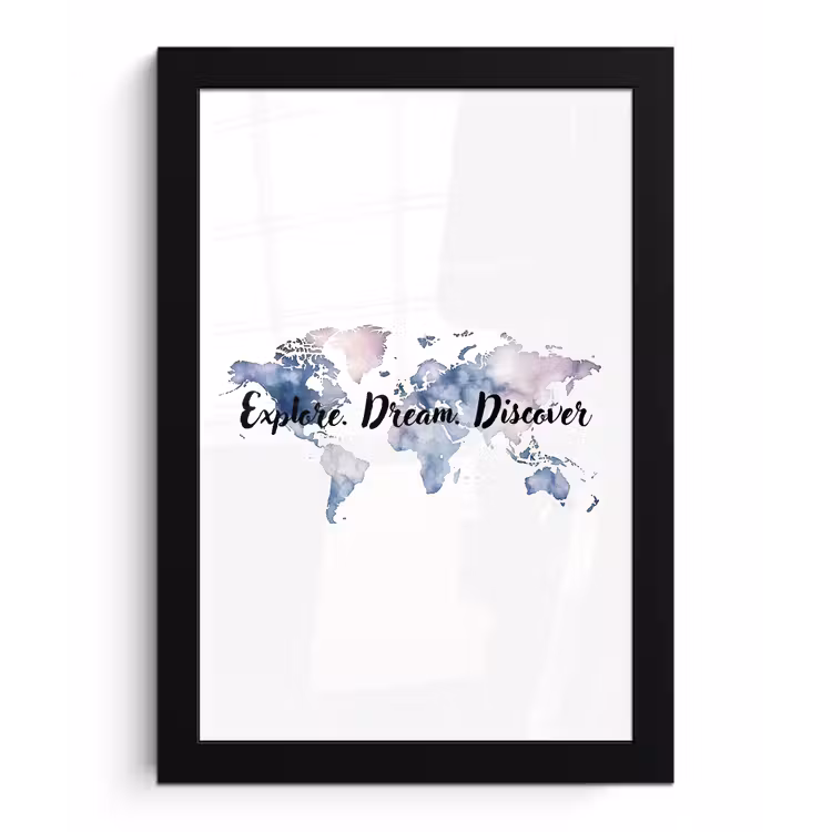 Quote - Wereldkaart - Explore - Aquarel fotolijst zwart zonder passe partout klein -3d