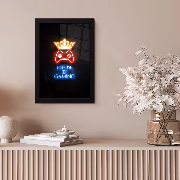 Gaming quotes - Neon - House of gaming - Kroon - Tekst fotolijst zwart zonder passe partout klein -sfeer5