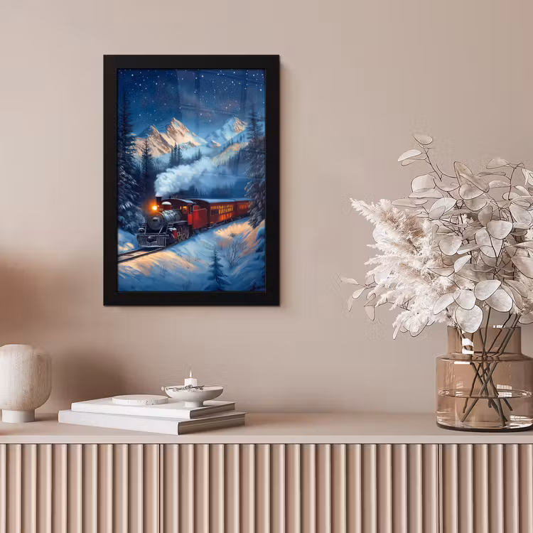 Trein - Kerst - Sneeuw - Kersttrein fotolijst zwart zonder passe partout klein -sfeer5